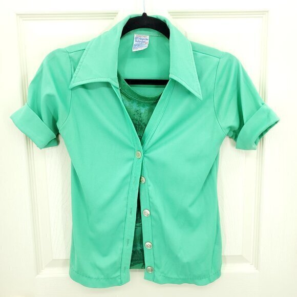 VTG 60s/70s Equestrian-Themed Layered Dagger Collar Blouse S Green - Picture 1 of 15